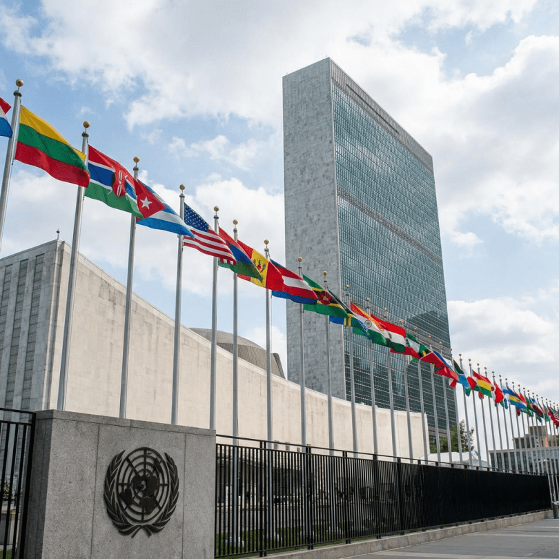 International flags flying in front of the United Nations Secretariat Building in New York City.
