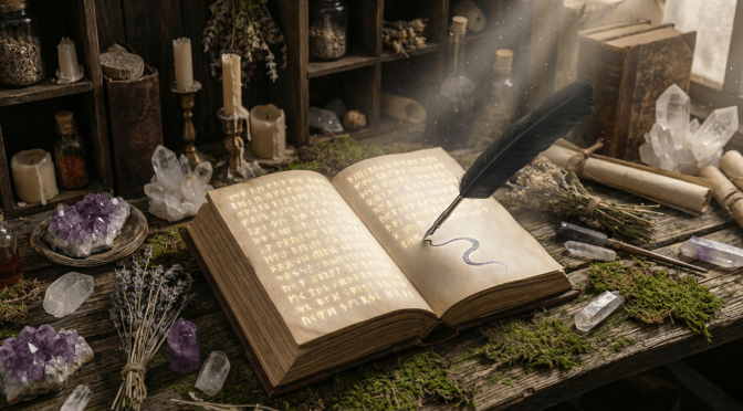 An ancient tome with glowing gold runes and a quill drawing a serpent.