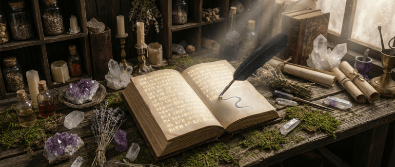 An ancient tome with glowing gold runes and a quill drawing a serpent.