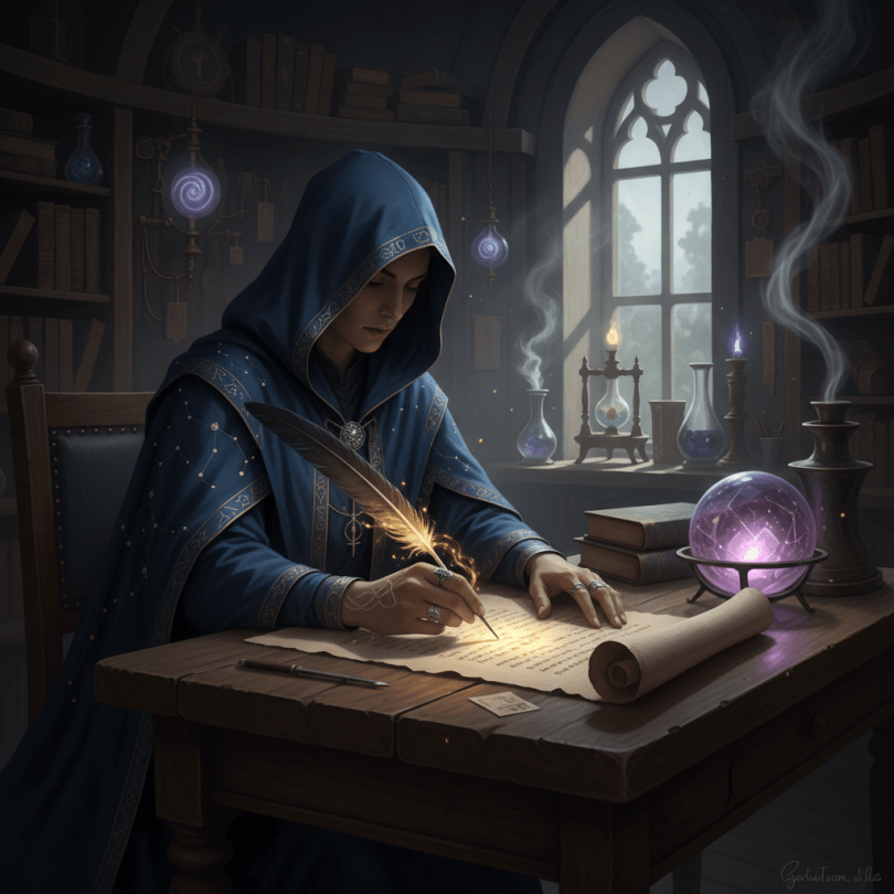 Hooded figure in blue robes writing on parchment with a glowing quill in a mystical study.