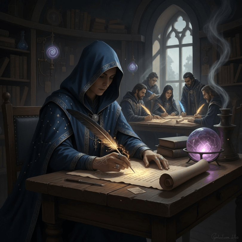 Hooded figure in blue robes writing on parchment with a glowing quill in a mystical study.