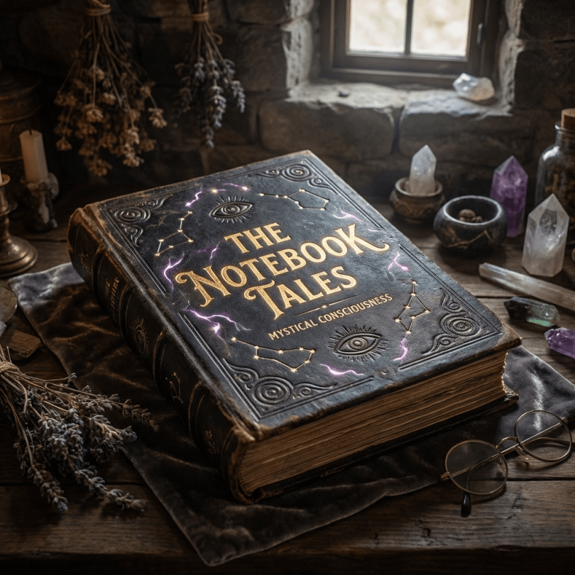 Magical book titled THE NOTEBOOK TALES: MYSTICAL CONSCIOUSNESS surrounded by crystals and herbs