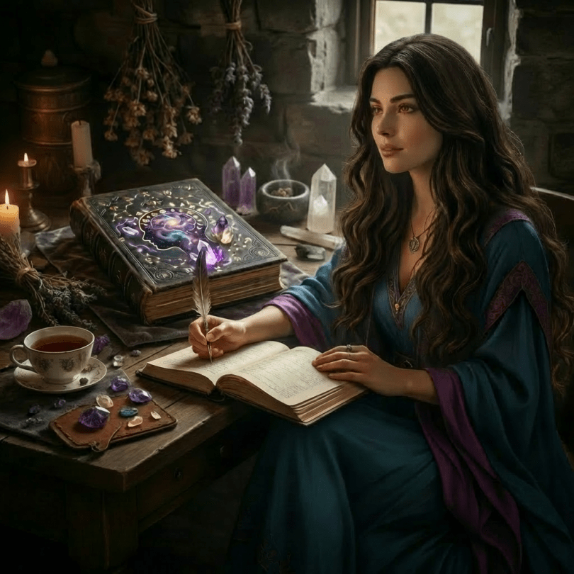 Large ornate book with cosmic profile, glowing crystals, and zodiac symbols on a rustic table.