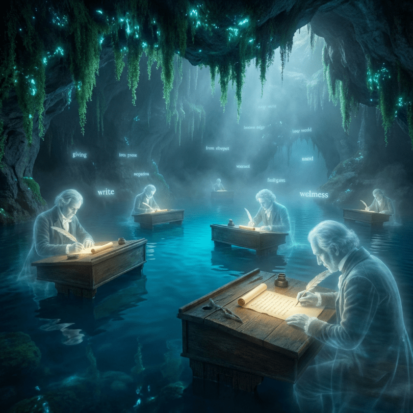 Ghostly men write in a cave with words: giving, negative, write, woecard, welmess, love world.