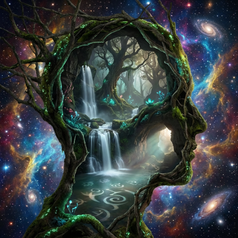 A human head silhouette formed by mossy tree branches framing a mystical forest with waterfalls.