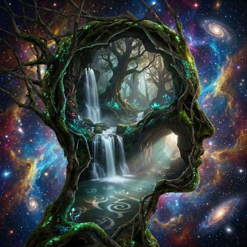 A human head silhouette formed by mossy tree branches framing a mystical forest with waterfalls.