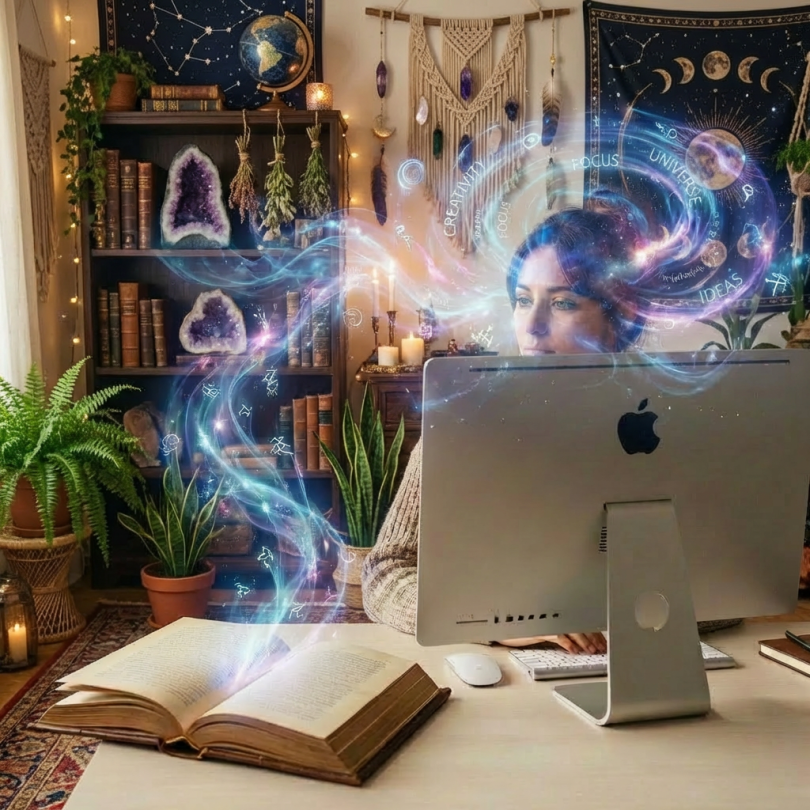 A woman watching glowing blue and gold magical script rise from an open book.