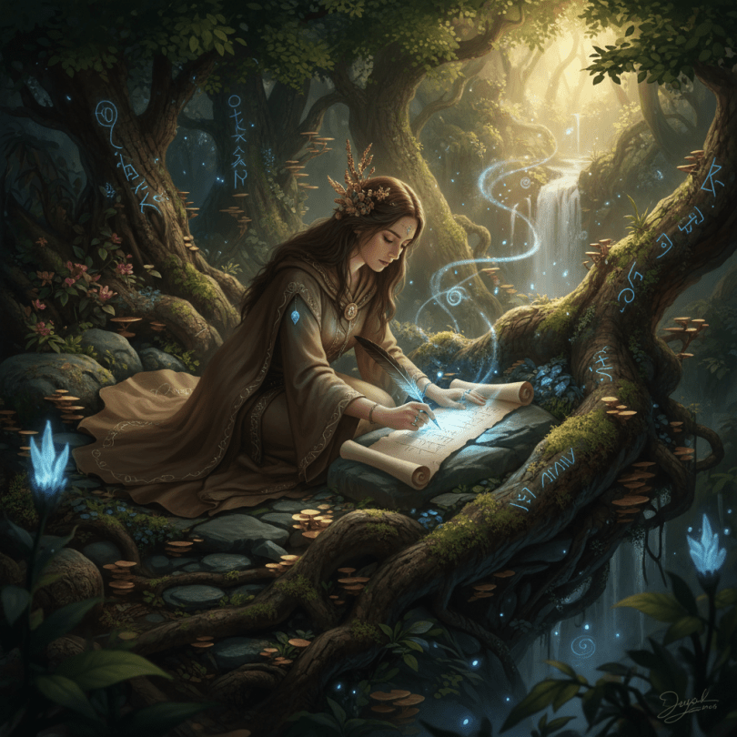 Mystic women writing in ancient nature bed