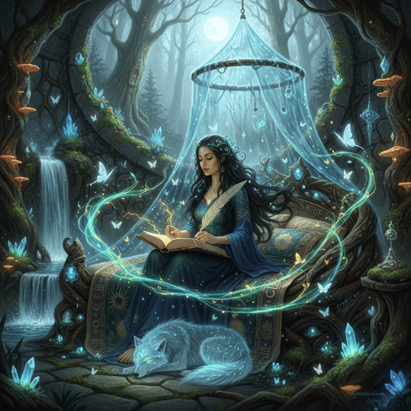 Mystic women writing in ancient bed, nature energy