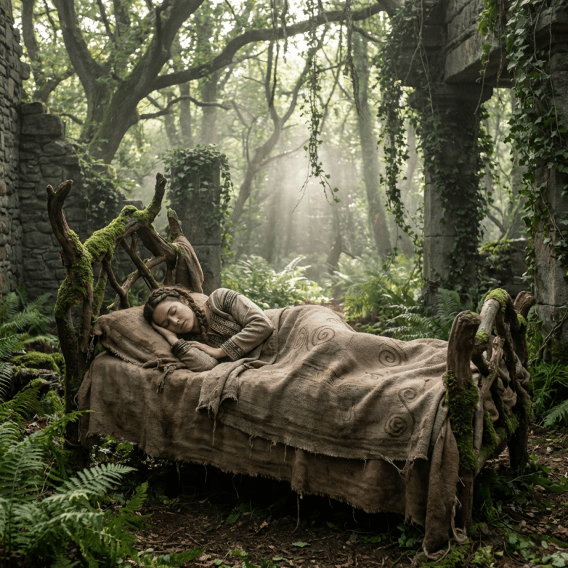 Mystical woman sleeping in ancient nature-lit bed