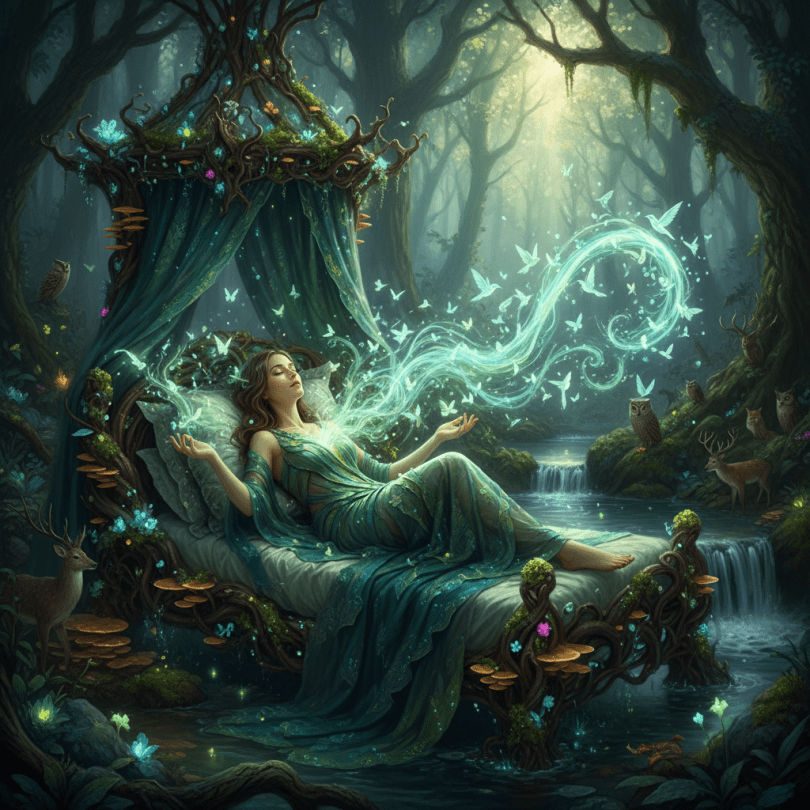Mystic woman in bed with nature energy