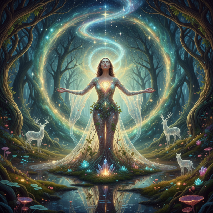 Mystic inner landscape with woman in nature energy