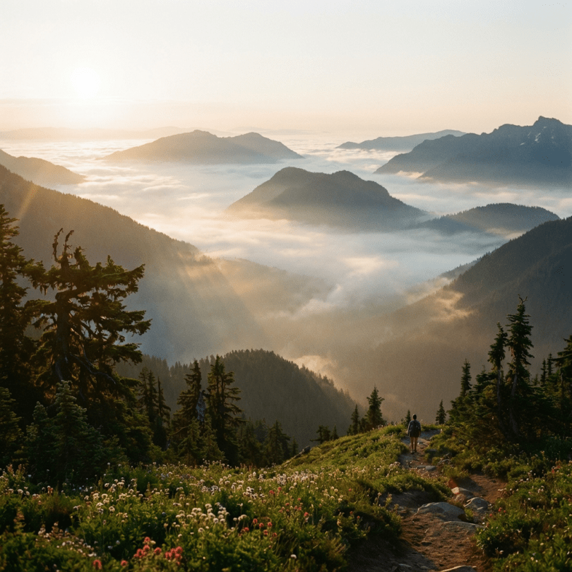Serene mountain sunrise misty valleys