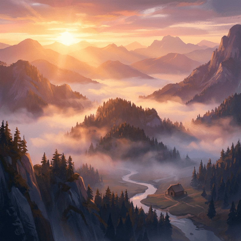 Serene mountain sunrise misty valleys