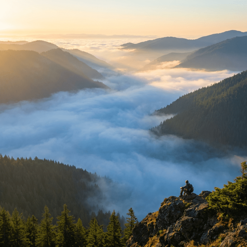 Serene mountain sunrise misty valleys