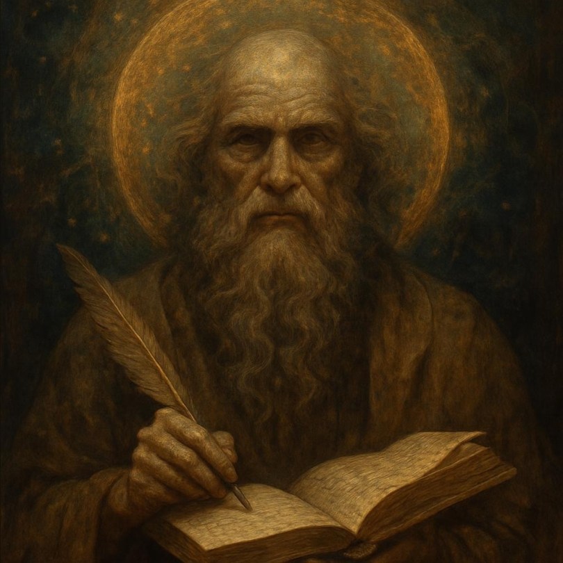 An elderly scholar with a golden halo writing in a book using a quill.