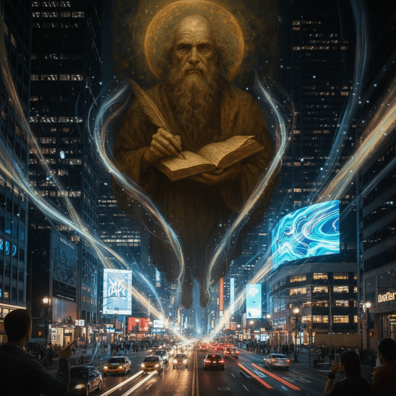 Mystic writers in modern city, ethereal glow