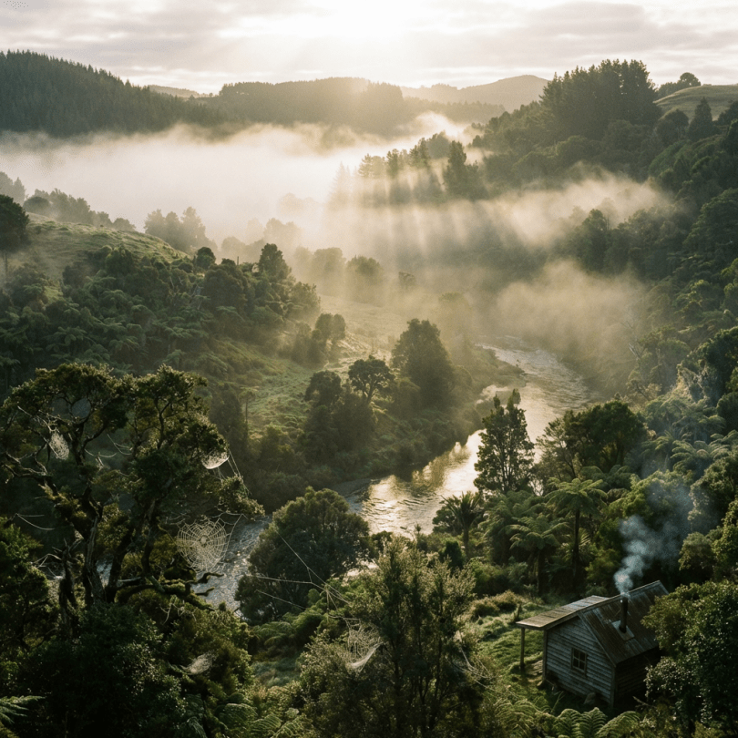 Morning mist over lush natural landscape