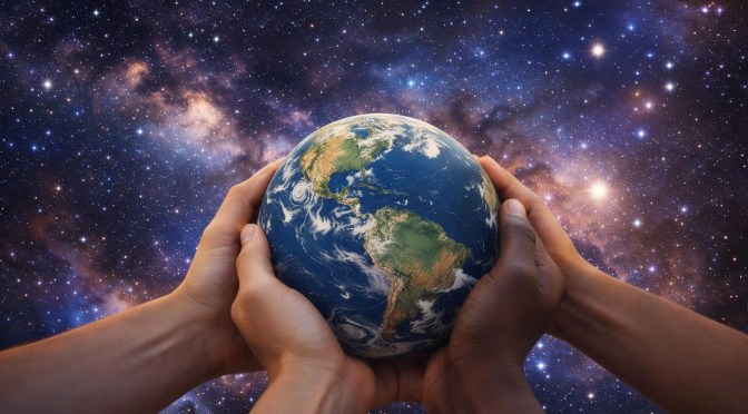 Hand holding a small Earth globe with a sunlit forest background
