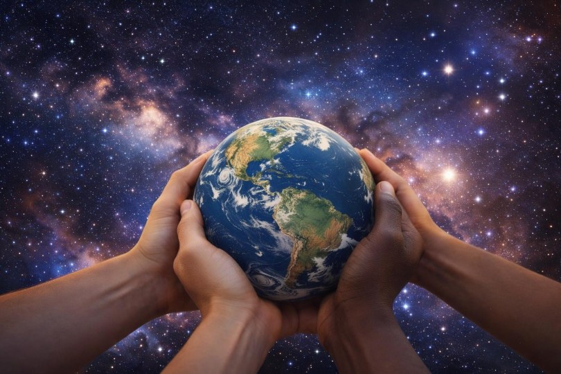 Hand holding a small Earth globe with a sunlit forest background