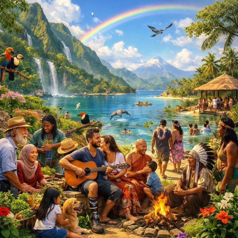 Multicultural group around a campfire by a lake with mountains, waterfalls, birds, and a rainbow