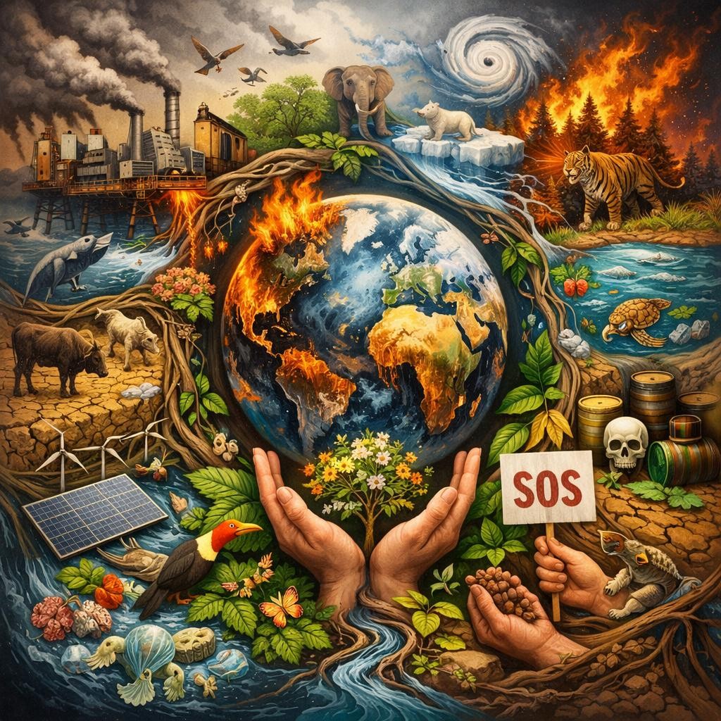 Earth in flames with environmental and wildlife imagery, hands holding flowers and SOS sign