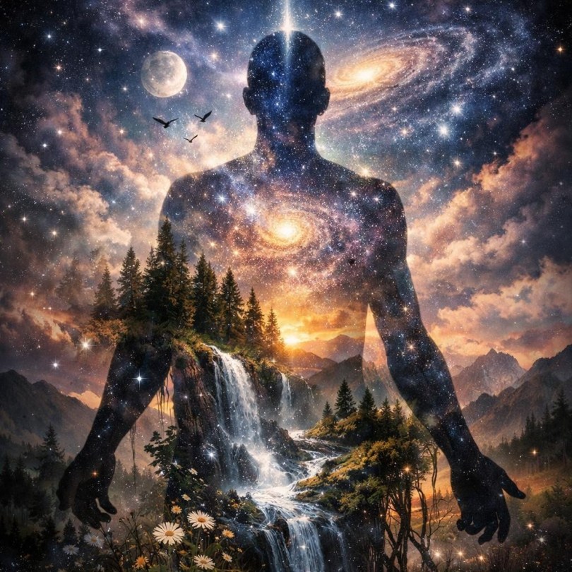 Silhouette filled with stars, galaxies, waterfall, trees, and mountains