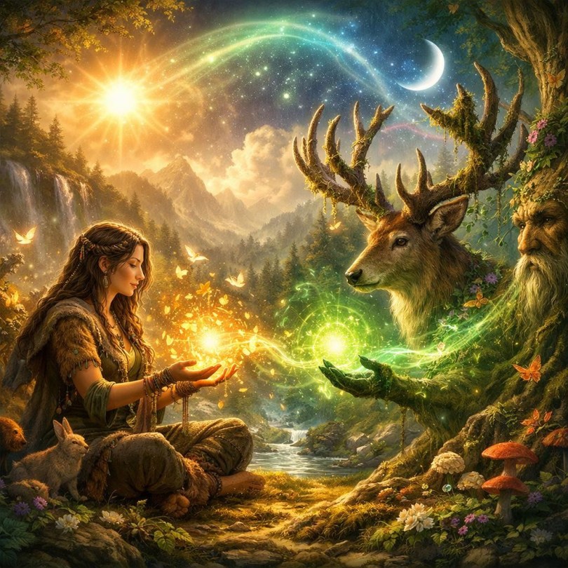 Woman exchanging magical energy with a deer and tree spirit in a forest