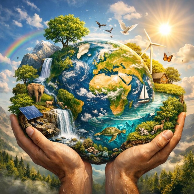 Hands holding a globe with natural landscapes, animals, solar panel, and wind turbine