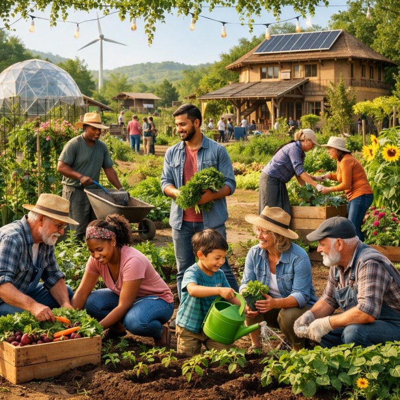 People of different ages gardening and harvesting vegetables in a community farm