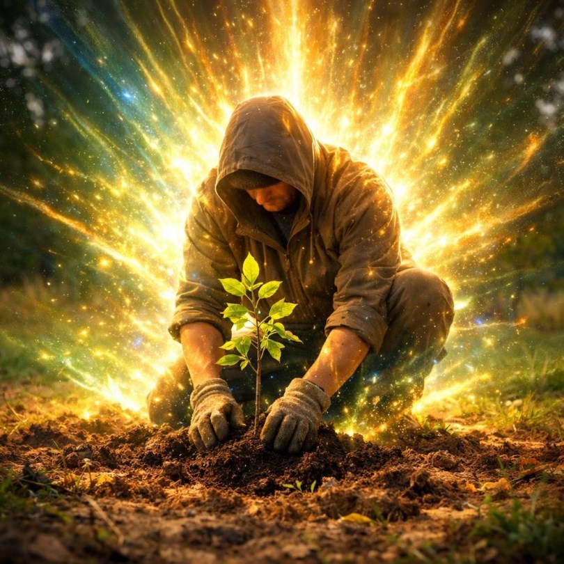 Person in hoodie planting a small tree sapling with glowing light rays