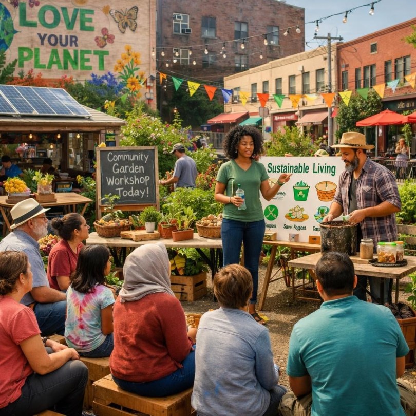 Outdoor community garden workshop on sustainable living with instructor and audience