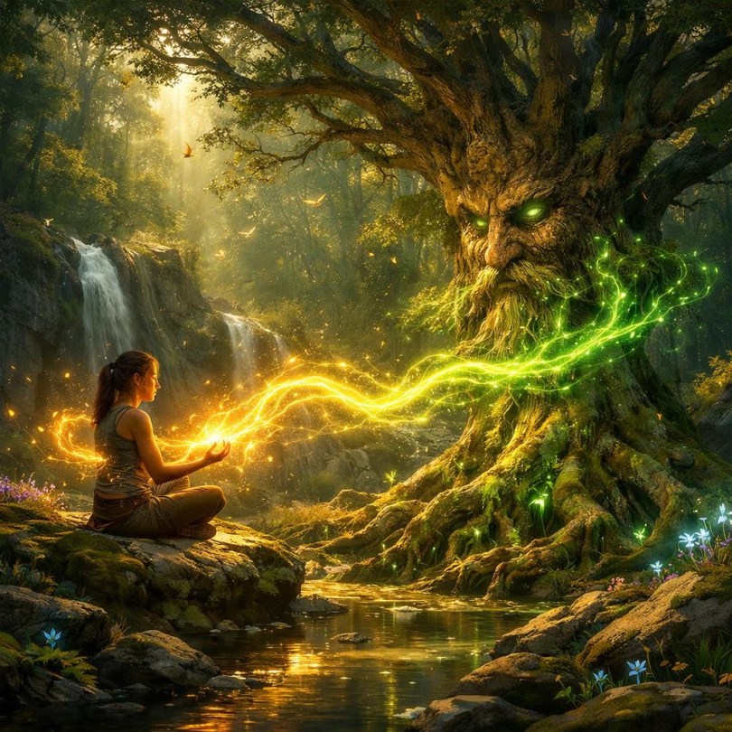 Young woman meditating by stream sending glowing energy to a giant tree with a face