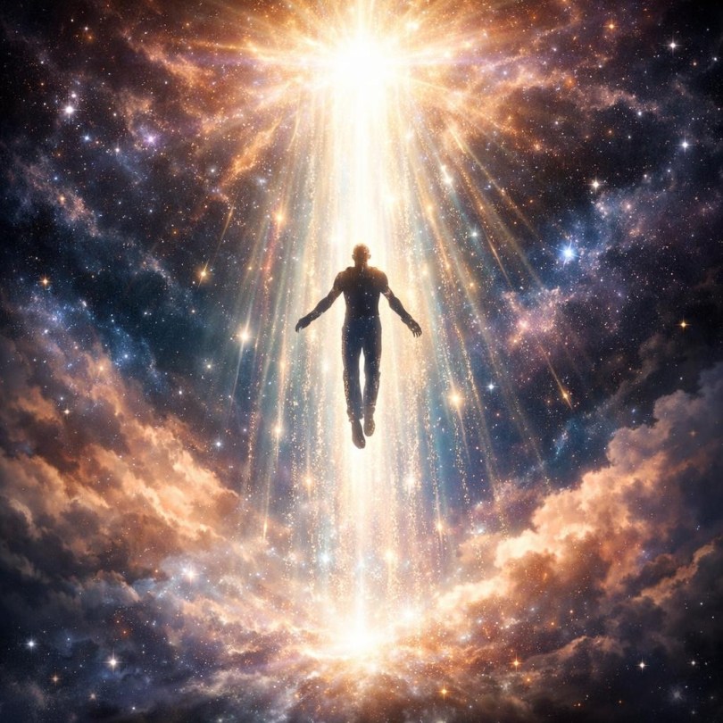 Silhouetted human figure rising in a beam of bright cosmic light with stars and clouds