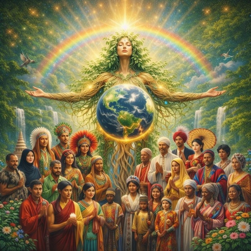 Nature goddess figure with flowing roots and leaves holding a glowing Earth orb