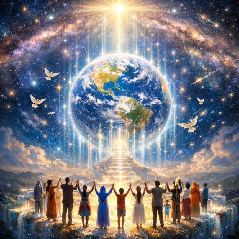 People holding hands facing glowing Earth in starry sky with doves and light beams