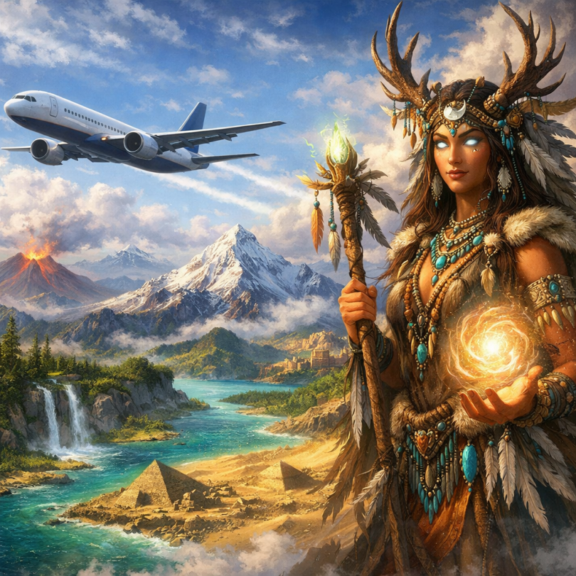 Mystical shaman with glowing staff and orb in a vibrant landscape with mountains, pyramids, river, and airplane.
