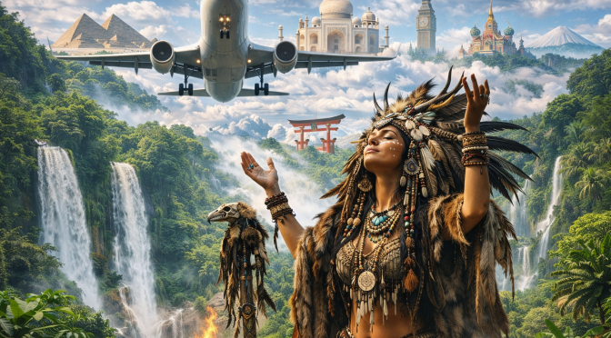 Woman in tribal costume performing ritual with airplane flying low behind her