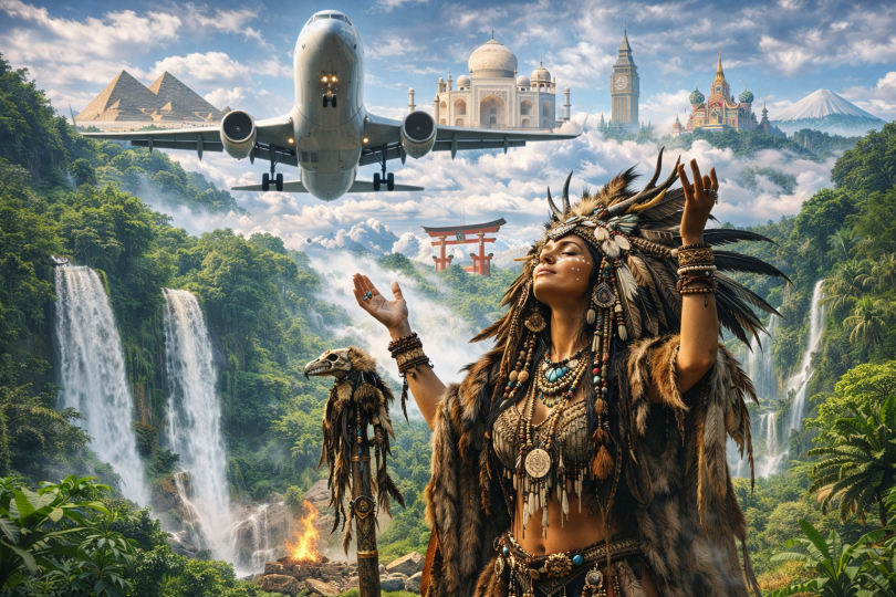 Woman in tribal costume performing ritual with airplane flying low behind her