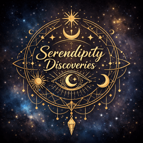 Add slogan Serendipity Discoveries with mystic symbol