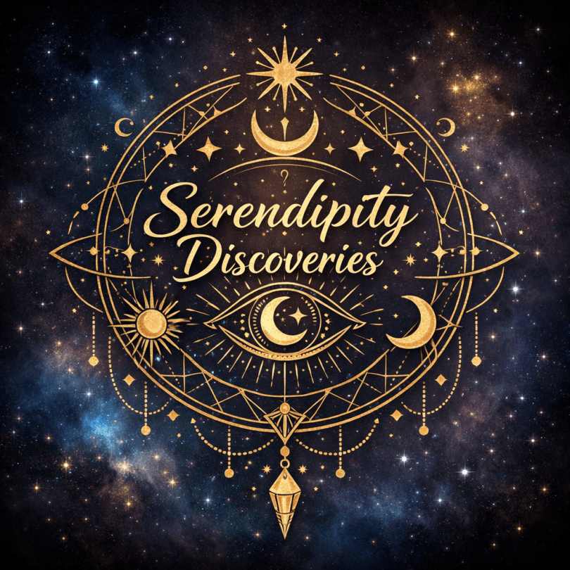 Add slogan Serendipity Discoveries with mystic symbol