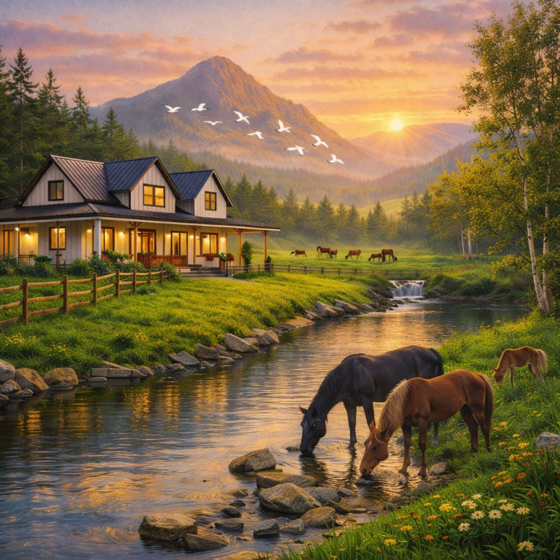 Horses drinking from a clear river beside wooden cottages in a mountain valley