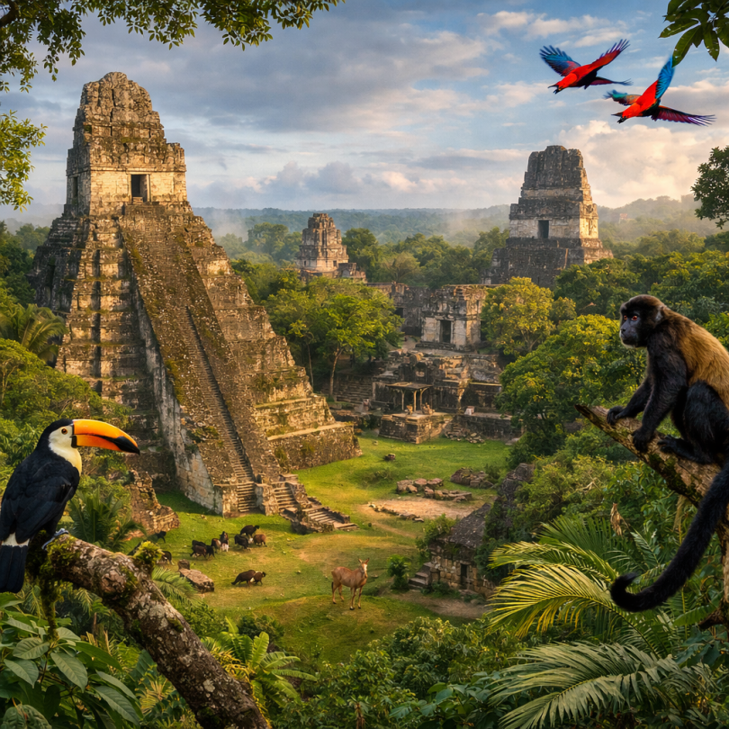 Tikal ruins in jungle with temples and wildlife