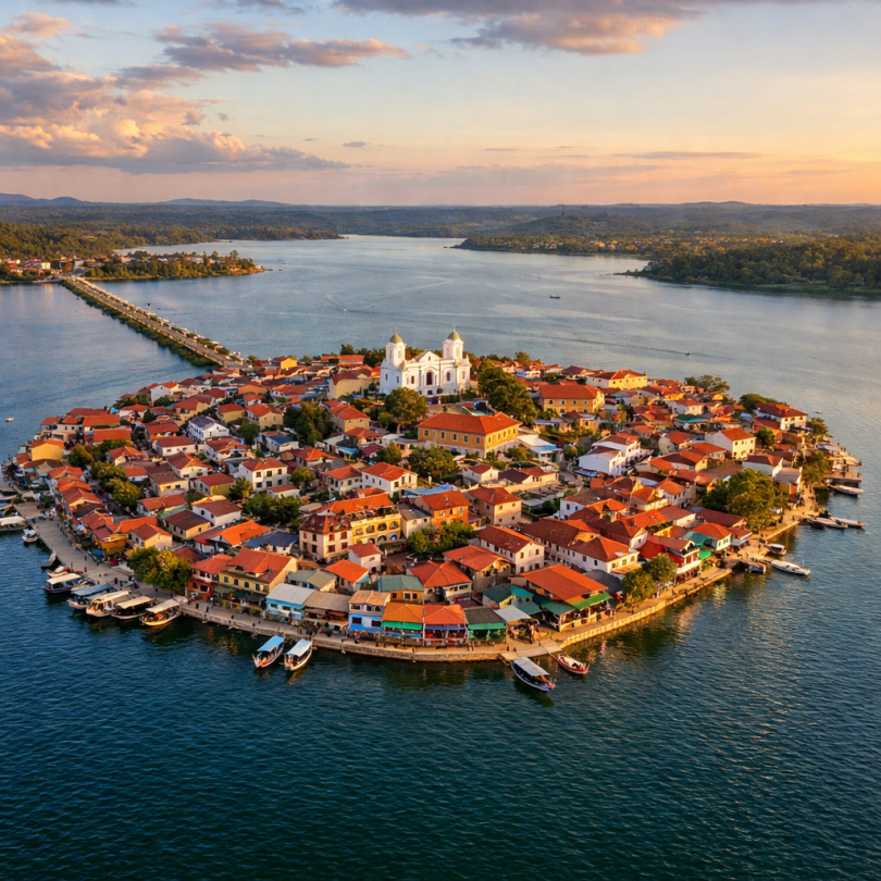 Historic island town with red-roofed buildings and waterfront access