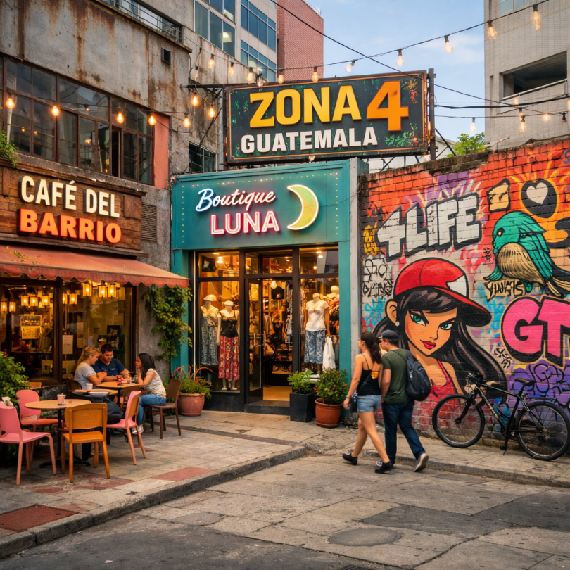 Street scene in Guatemala Zone 4 with café, boutique, and colorful graffiti mural