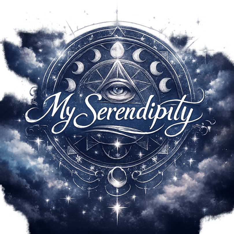 Mystical emblem with all-seeing eye and phases of the moon with 'My Serendipity' text