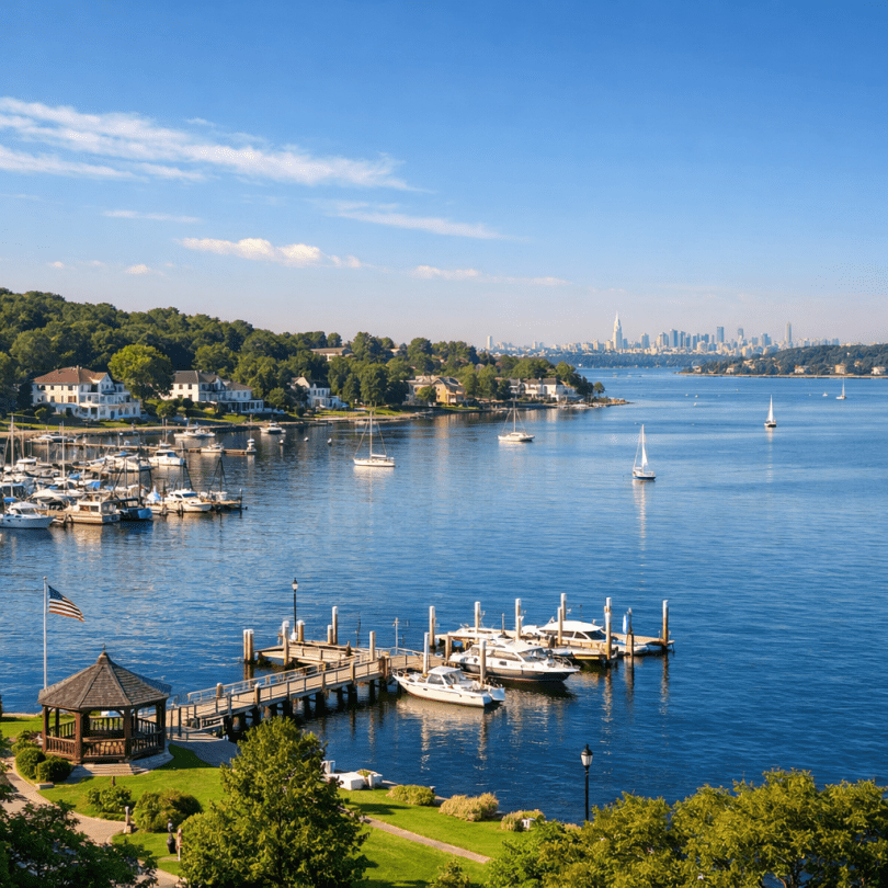 Marina with boats docked and sailboats on calm water with city skyline in distance