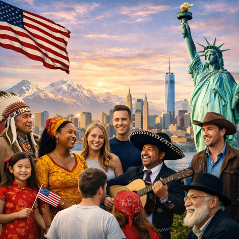 Group of people in diverse traditional American cultural attire with Statue of Liberty and city skyline
