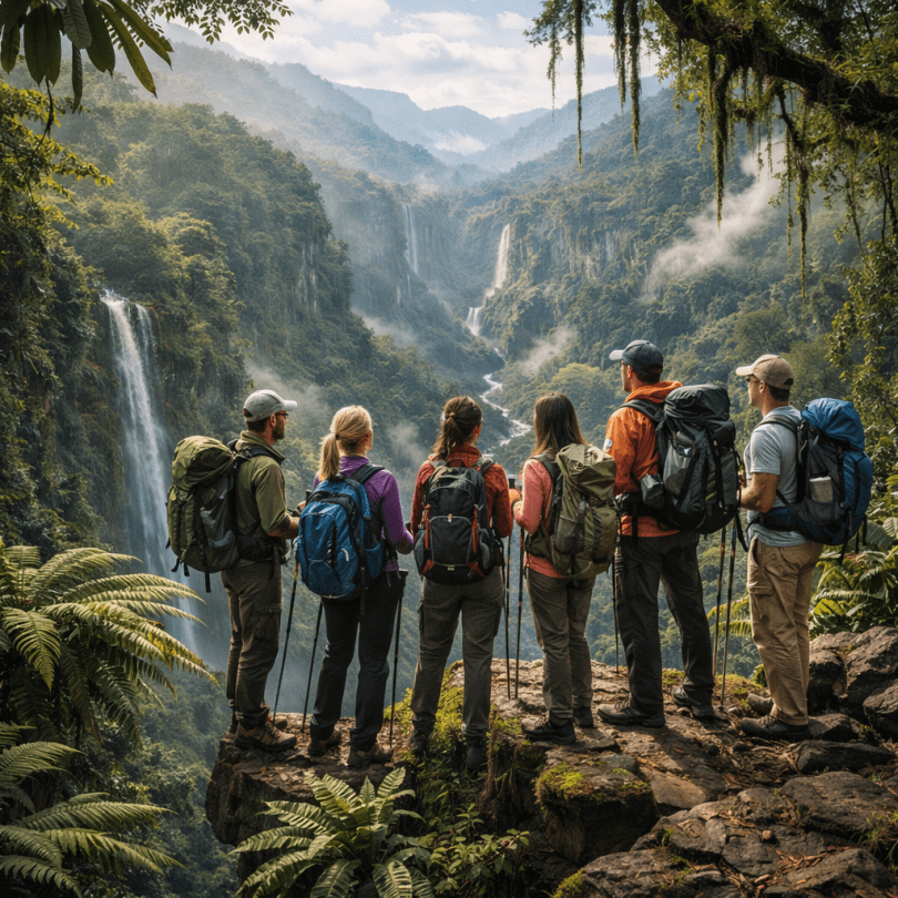 Hiker in orange jacket with backpack standing on cliff overlooking waterfall and misty forest valley