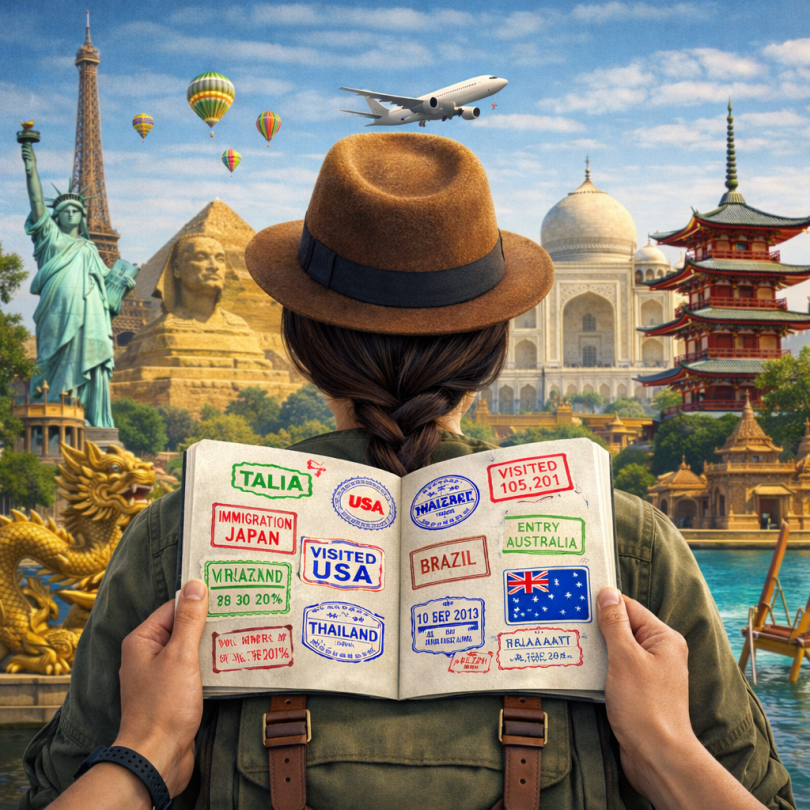 Traveler holding passport with travel stamps facing iconic global landmarks